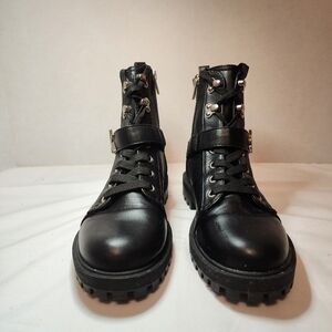 Calvin Klein Black Rugged Sole Buckle Zipper Lace Up Combat Boots